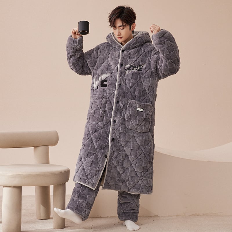 Korall fleece háromrétegű, extra vastag pizsama szett nadrággal, V-nyakú, hosszú ujjú, téli meleg, 95–100% poliészter