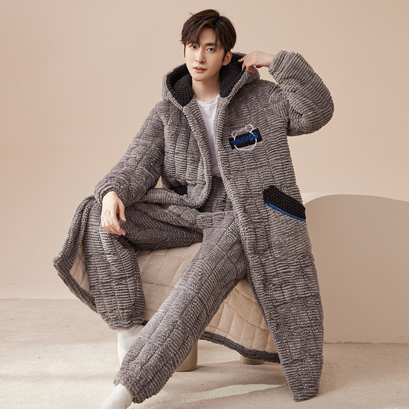 Korall fleece háromrétegű, extra vastag pizsama szett nadrággal, V-nyakú, hosszú ujjú, téli meleg, 95–100% poliészter