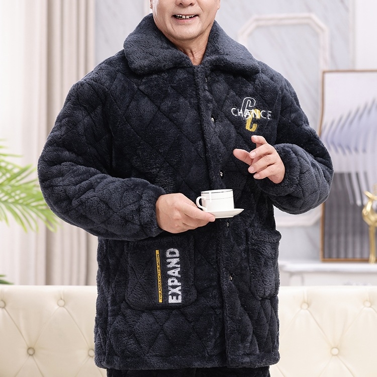 Téli férfi pizsama szett időseknek, korall plüss, kardigán-stílus, extrán vastag tömött pamut kabát, gallér, hosszú ujjak