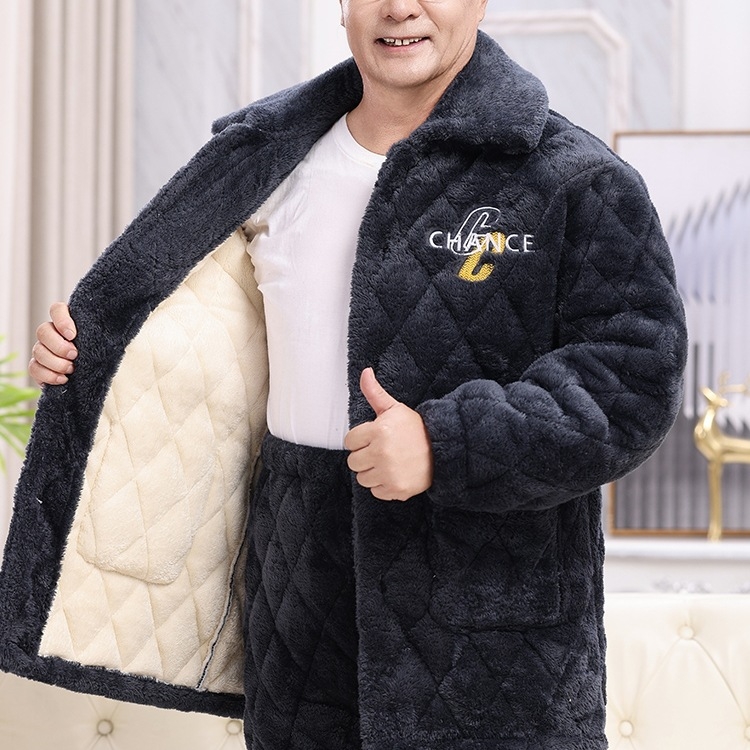 Téli férfi pizsama szett időseknek, korall plüss, kardigán-stílus, extrán vastag tömött pamut kabát, gallér, hosszú ujjak