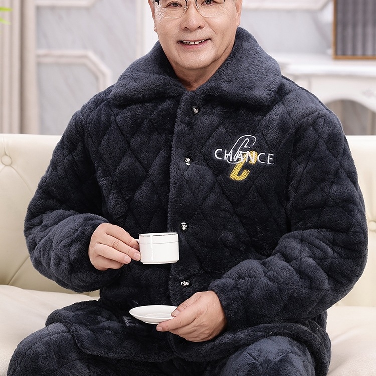 Téli férfi pizsama szett időseknek, korall plüss, kardigán-stílus, extrán vastag tömött pamut kabát, gallér, hosszú ujjak