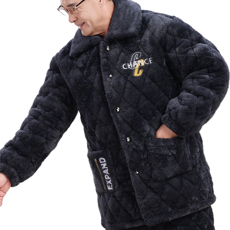 Téli férfi pizsama szett időseknek, korall plüss, kardigán-stílus, extrán vastag tömött pamut kabát, gallér, hosszú ujjak