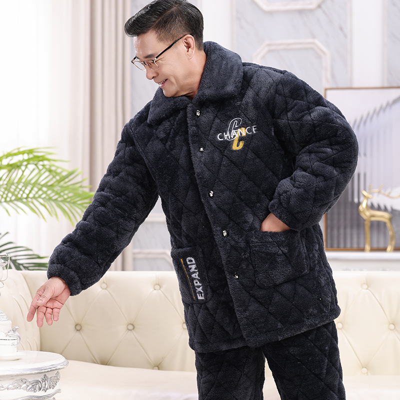 Téli férfi pizsama szett időseknek, korall plüss, kardigán-stílus, extrán vastag tömött pamut kabát, gallér, hosszú ujjak