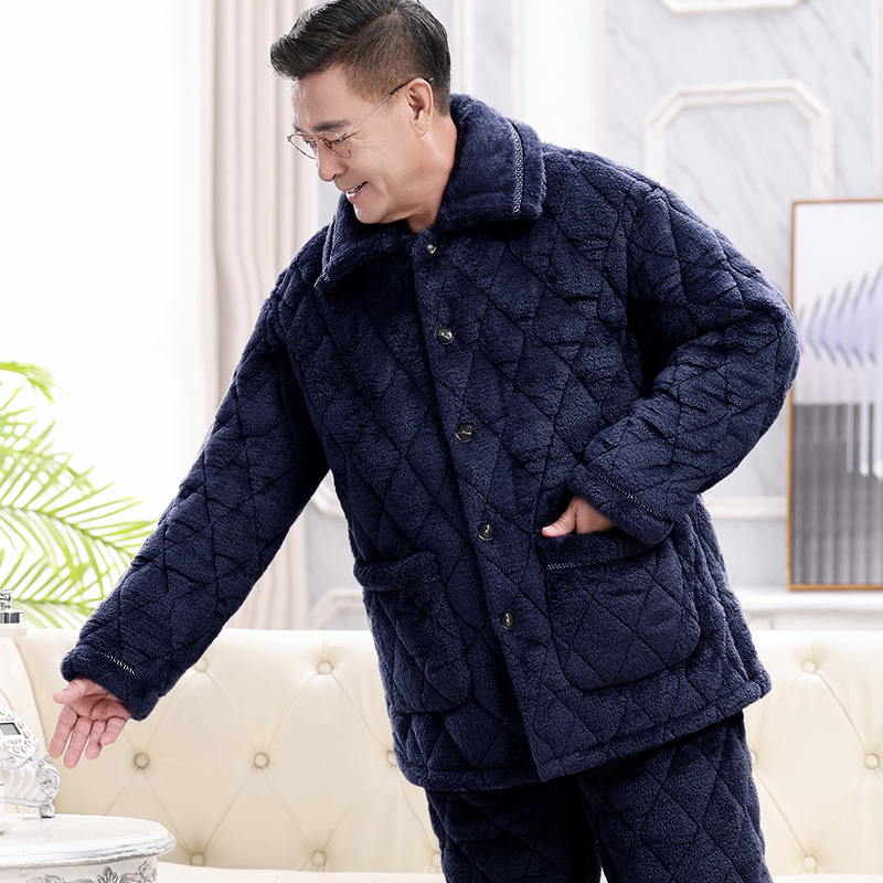 Téli férfi pizsama szett időseknek, korall plüss, kardigán-stílus, extrán vastag tömött pamut kabát, gallér, hosszú ujjak