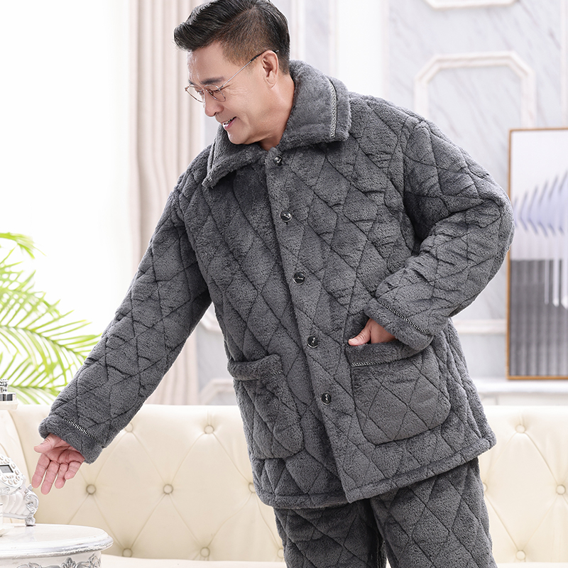 Téli férfi pizsama szett időseknek, korall plüss, kardigán-stílus, extrán vastag tömött pamut kabát, gallér, hosszú ujjak