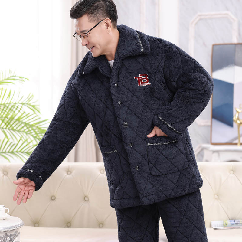 Téli férfi pizsama szett időseknek, korall plüss, kardigán-stílus, extrán vastag tömött pamut kabát, gallér, hosszú ujjak