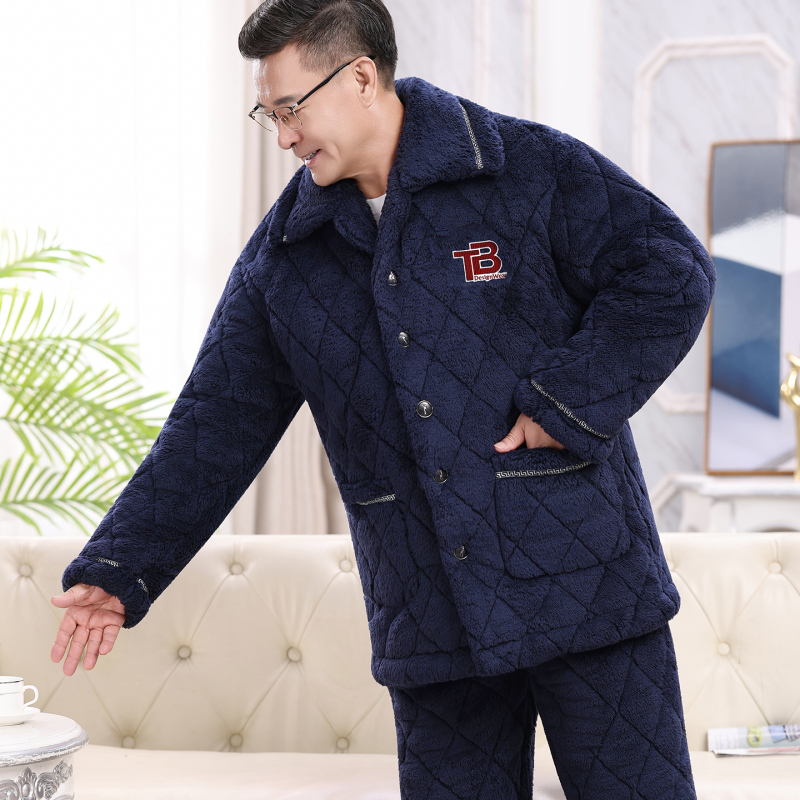 Téli férfi pizsama szett időseknek, korall plüss, kardigán-stílus, extrán vastag tömött pamut kabát, gallér, hosszú ujjak