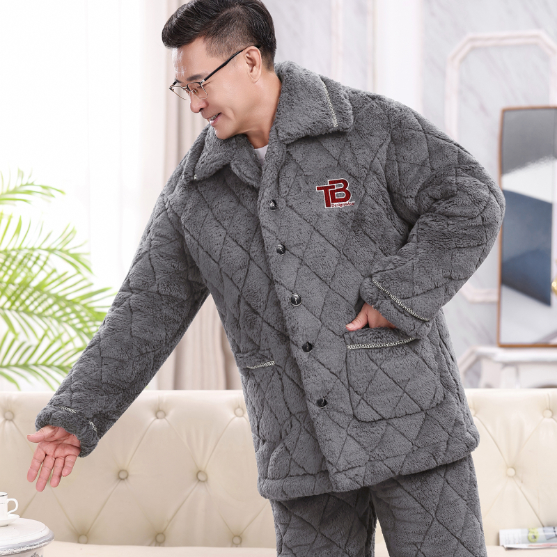 Téli férfi pizsama szett időseknek, korall plüss, kardigán-stílus, extrán vastag tömött pamut kabát, gallér, hosszú ujjak