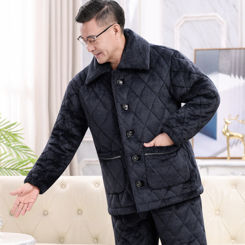 Téli férfi pizsama szett időseknek, korall plüss, kardigán-stílus, extrán vastag tömött pamut kabát, gallér, hosszú ujjak