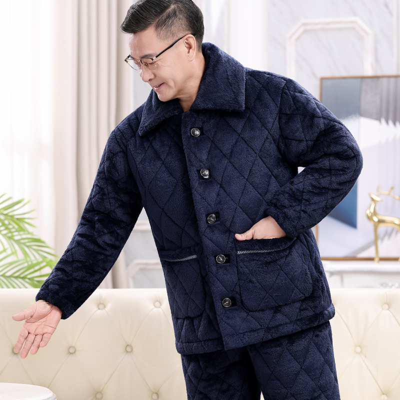 Téli férfi pizsama szett időseknek, korall plüss, kardigán-stílus, extrán vastag tömött pamut kabát, gallér, hosszú ujjak