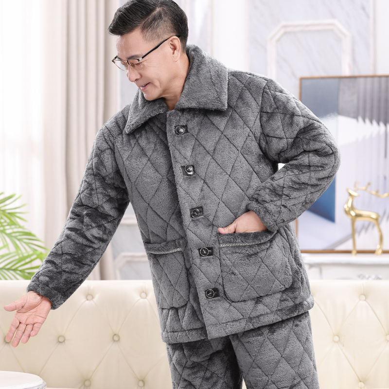 Téli férfi pizsama szett időseknek, korall plüss, kardigán-stílus, extrán vastag tömött pamut kabát, gallér, hosszú ujjak