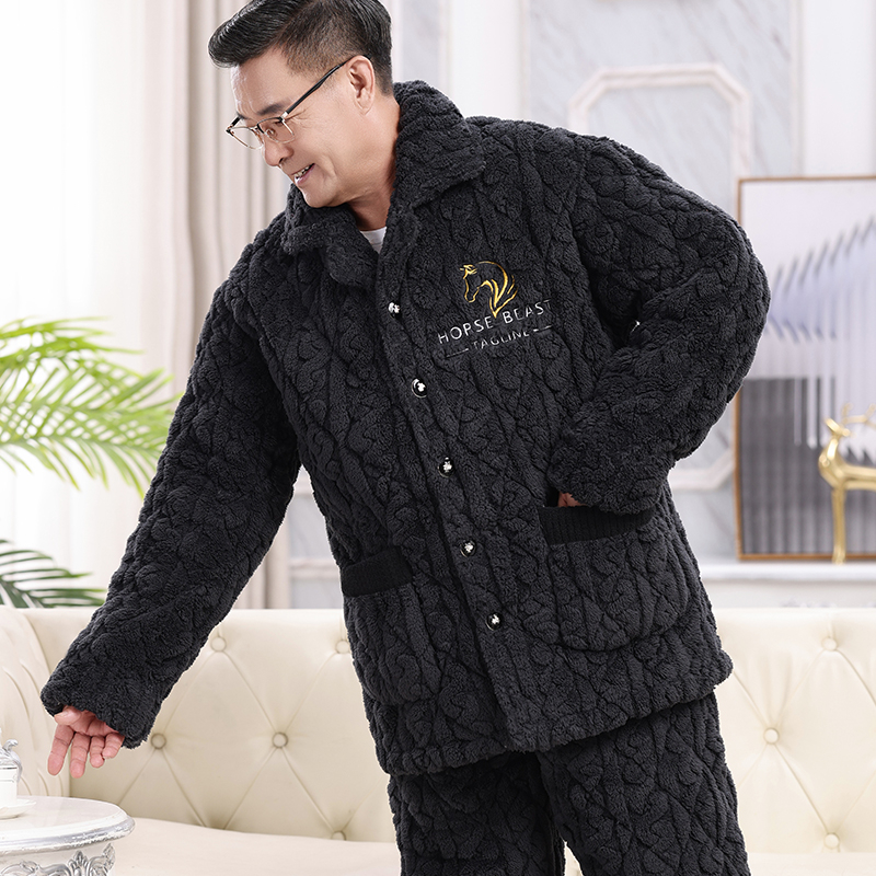 Téli férfi pizsama szett időseknek, korall plüss, kardigán-stílus, extrán vastag tömött pamut kabát, gallér, hosszú ujjak