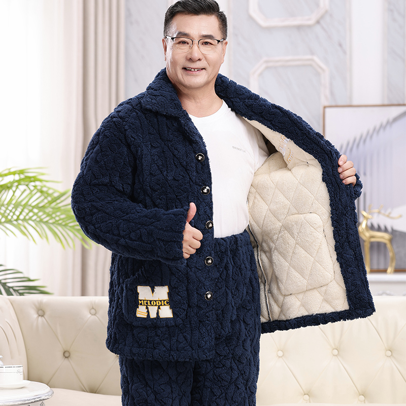 Téli férfi pizsama szett időseknek, korall plüss, kardigán-stílus, extrán vastag tömött pamut kabát, gallér, hosszú ujjak