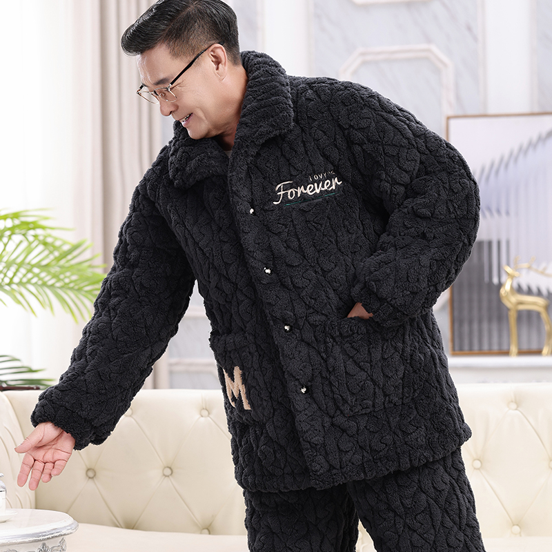 Téli férfi pizsama szett időseknek, korall plüss, kardigán-stílus, extrán vastag tömött pamut kabát, gallér, hosszú ujjak