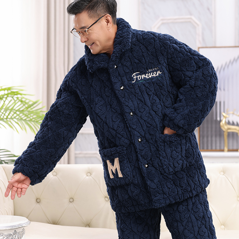 Téli férfi pizsama szett időseknek, korall plüss, kardigán-stílus, extrán vastag tömött pamut kabát, gallér, hosszú ujjak