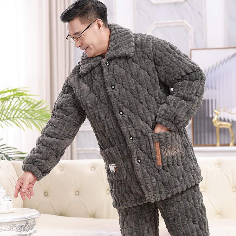 Téli férfi pizsama szett időseknek, korall plüss, kardigán-stílus, extrán vastag tömött pamut kabát, gallér, hosszú ujjak