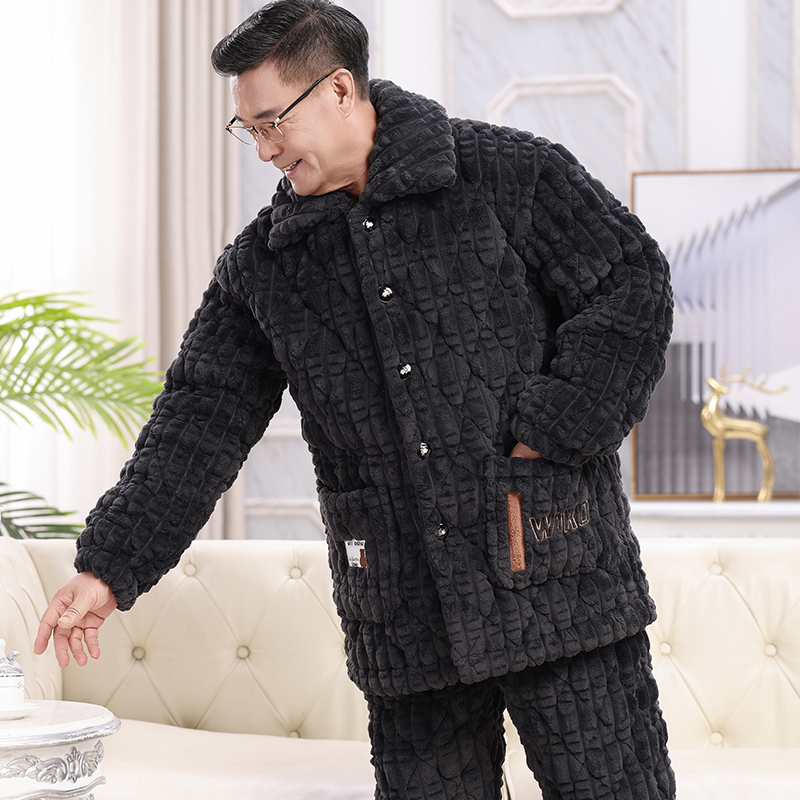 Téli férfi pizsama szett időseknek, korall plüss, kardigán-stílus, extrán vastag tömött pamut kabát, gallér, hosszú ujjak