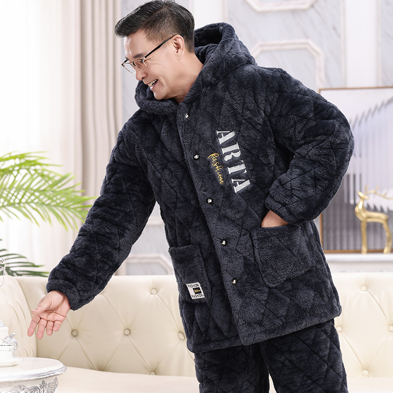 Téli férfi pizsama szett időseknek, korall plüss, kardigán-stílus, extrán vastag tömött pamut kabát, gallér, hosszú ujjak