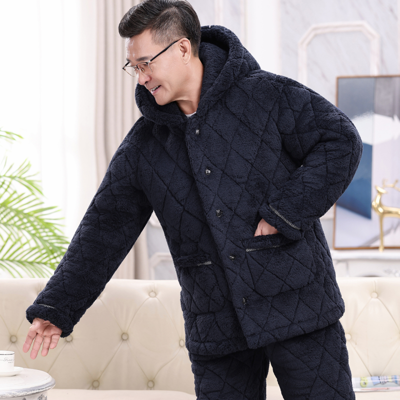 Téli férfi pizsama szett időseknek, korall plüss, kardigán-stílus, extrán vastag tömött pamut kabát, gallér, hosszú ujjak