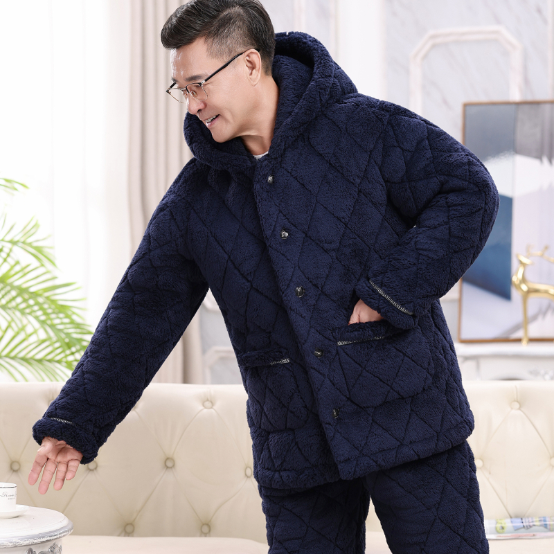 Téli férfi pizsama szett időseknek, korall plüss, kardigán-stílus, extrán vastag tömött pamut kabát, gallér, hosszú ujjak