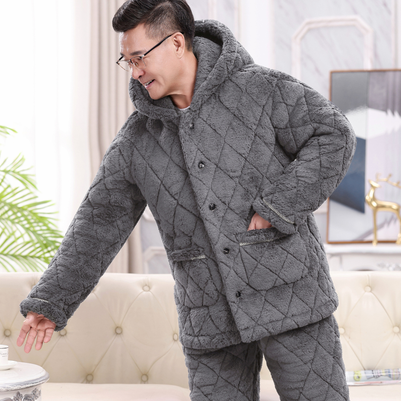 Téli férfi pizsama szett időseknek, korall plüss, kardigán-stílus, extrán vastag tömött pamut kabát, gallér, hosszú ujjak