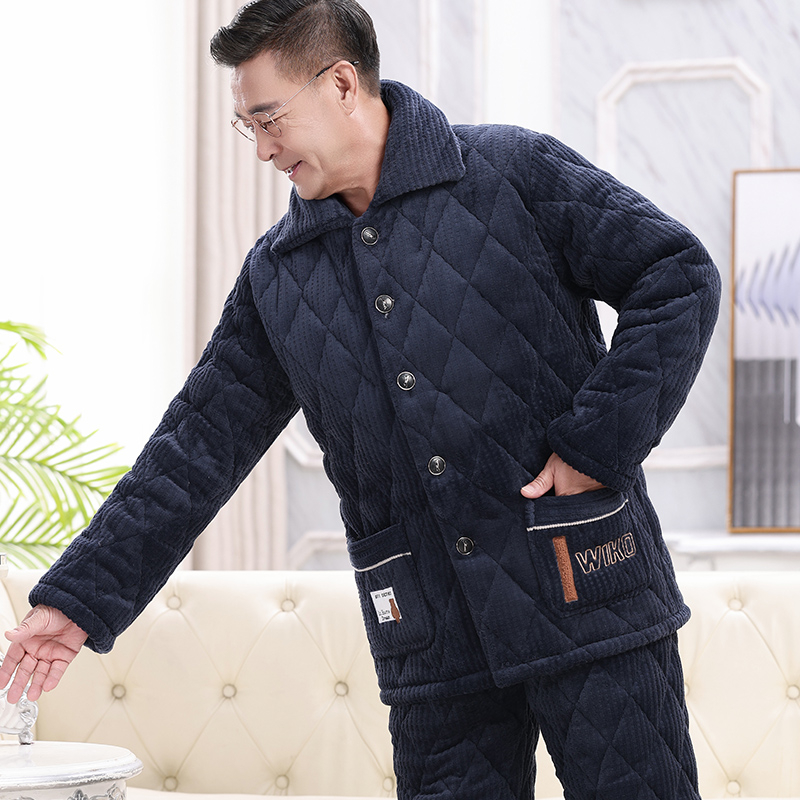 Téli férfi pizsama szett időseknek, korall plüss, kardigán-stílus, extrán vastag tömött pamut kabát, gallér, hosszú ujjak