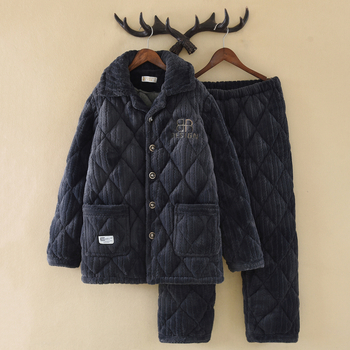 Férfi flanel pizsama szett, háromrétegű quiltelt, vastag, galléros nyakkal, hosszú ujjú, nadrágos, 100% poliészter, téli kiadás 2025