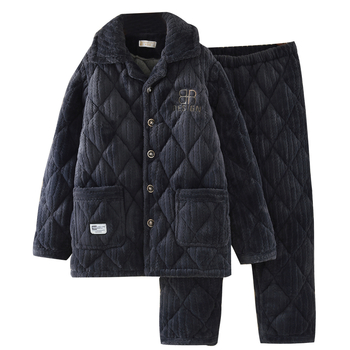 Férfi flanel pizsama szett, háromrétegű quiltelt, vastag, galléros nyakkal, hosszú ujjú, nadrágos, 100% poliészter, téli kiadás 2025