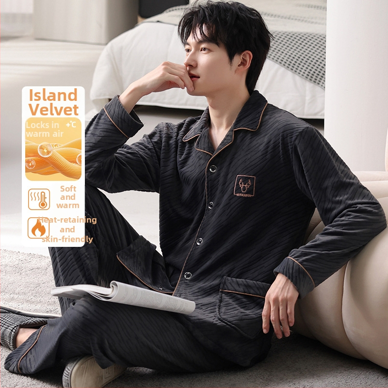 Férfiaknak szóló island velvet pizsama szett, kardigán-stílus, gallér, hosszú ujjú, otthoni viselet, 2025 tavaszi megjelenés