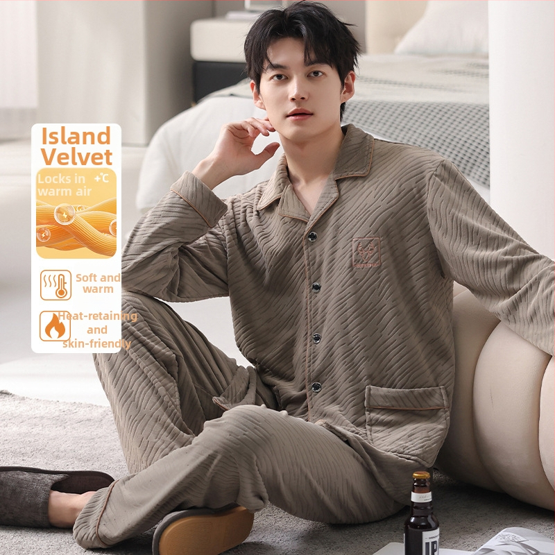 Férfiaknak szóló island velvet pizsama szett, kardigán-stílus, gallér, hosszú ujjú, otthoni viselet, 2025 tavaszi megjelenés