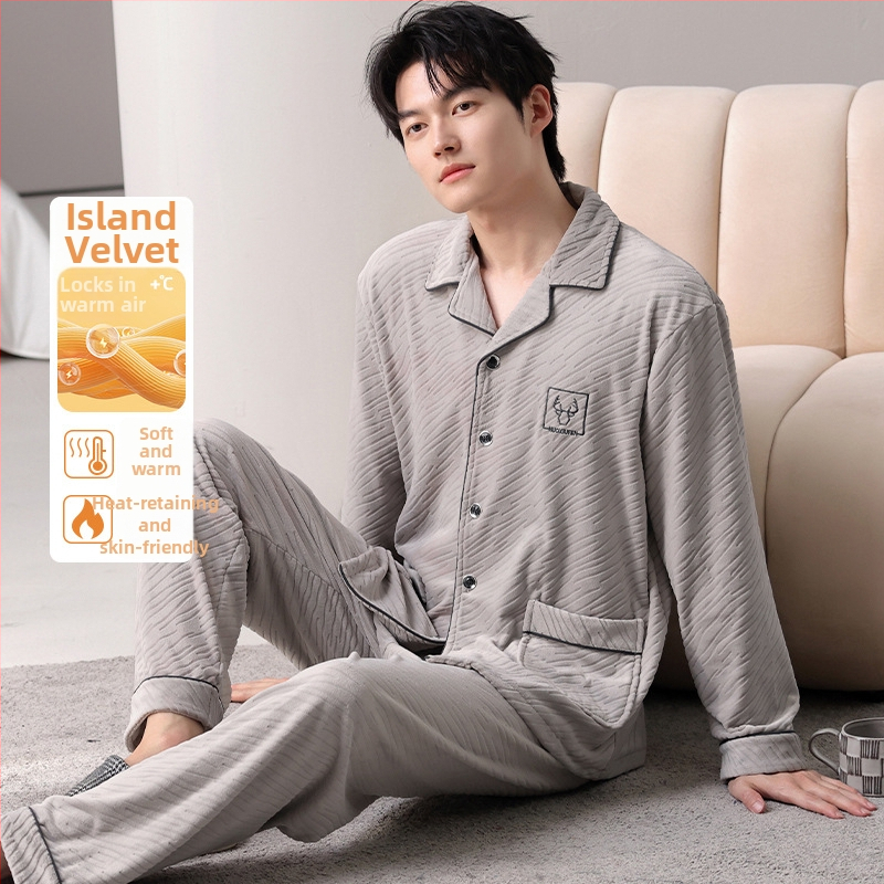 Férfiaknak szóló island velvet pizsama szett, kardigán-stílus, gallér, hosszú ujjú, otthoni viselet, 2025 tavaszi megjelenés