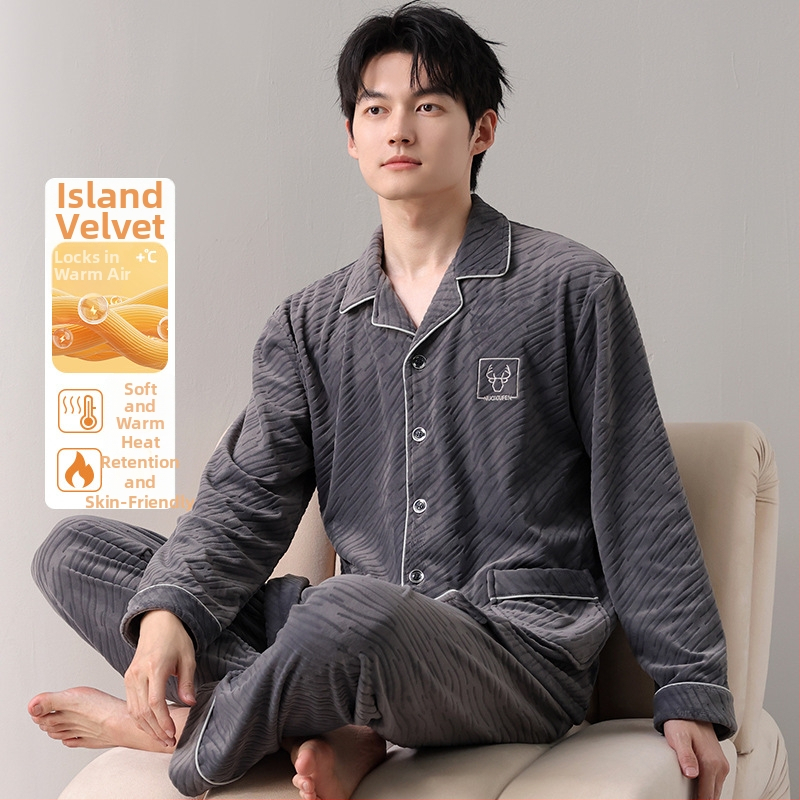Férfiaknak szóló island velvet pizsama szett, kardigán-stílus, gallér, hosszú ujjú, otthoni viselet, 2025 tavaszi megjelenés