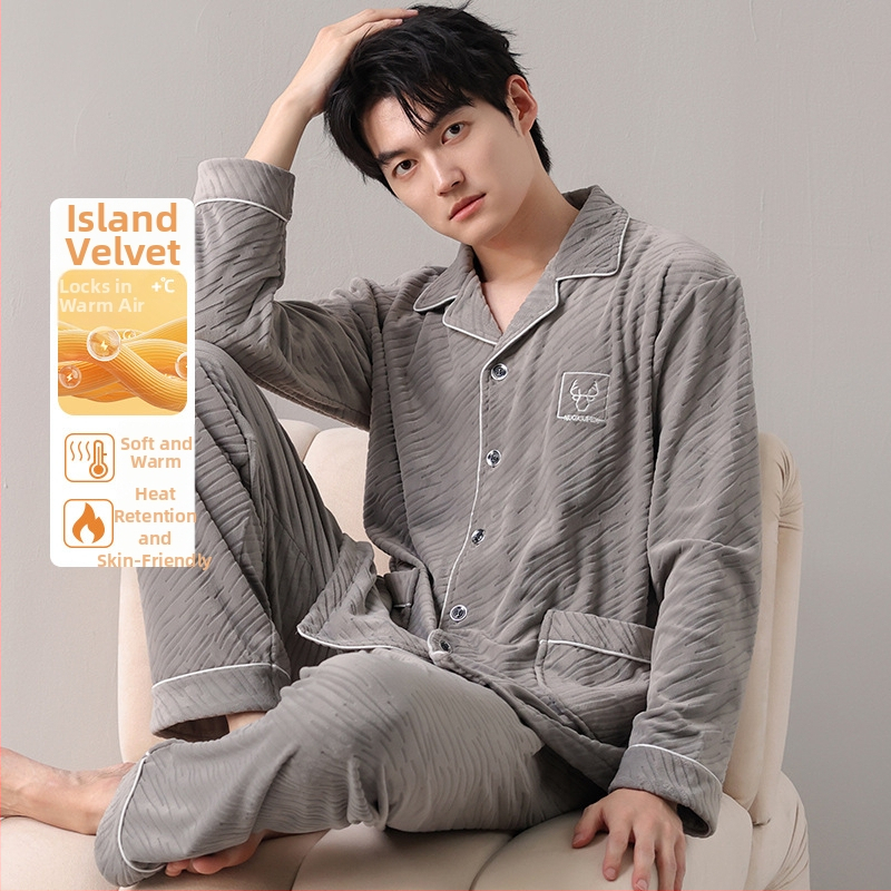 Férfiaknak szóló island velvet pizsama szett, kardigán-stílus, gallér, hosszú ujjú, otthoni viselet, 2025 tavaszi megjelenés