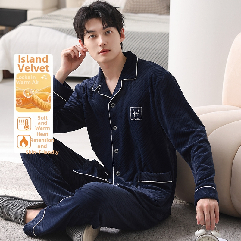 Férfiaknak szóló island velvet pizsama szett, kardigán-stílus, gallér, hosszú ujjú, otthoni viselet, 2025 tavaszi megjelenés