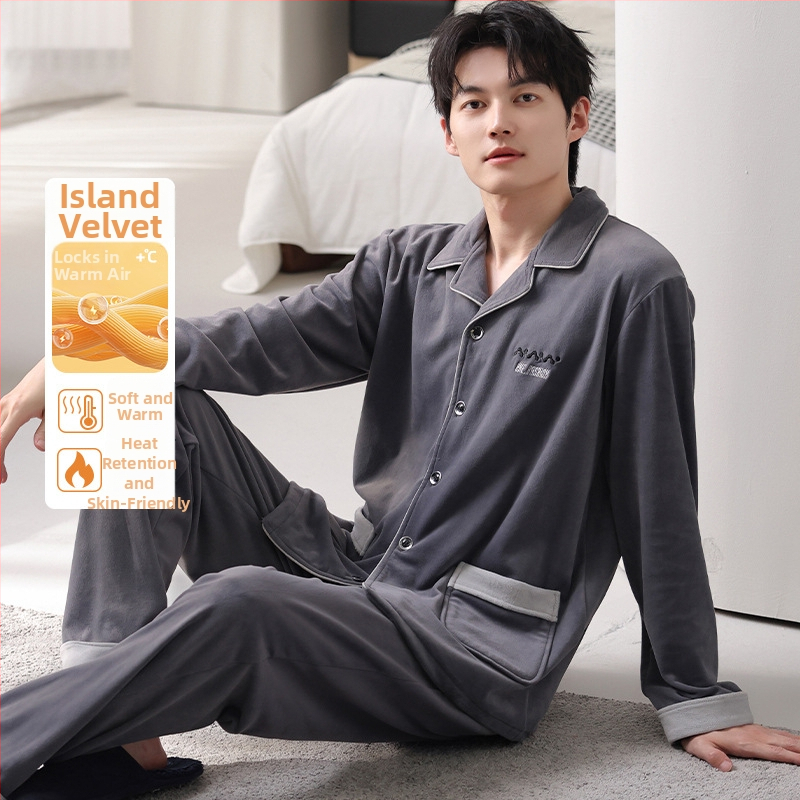 Férfiaknak szóló island velvet pizsama szett, kardigán-stílus, gallér, hosszú ujjú, otthoni viselet, 2025 tavaszi megjelenés
