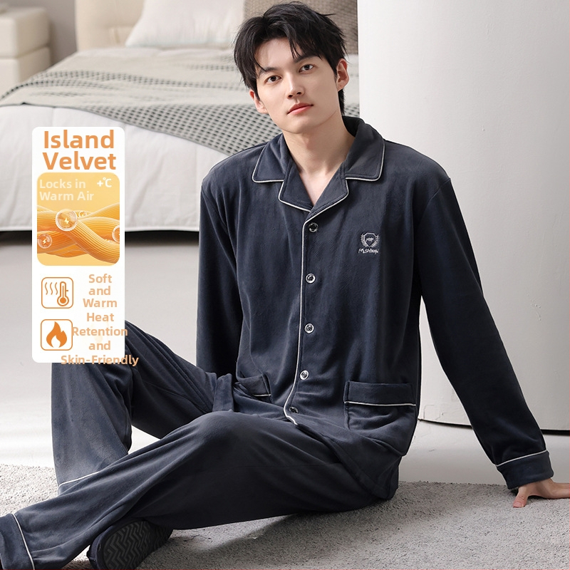 Férfiaknak szóló island velvet pizsama szett, kardigán-stílus, gallér, hosszú ujjú, otthoni viselet, 2025 tavaszi megjelenés