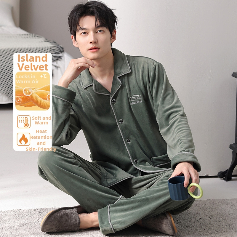 Férfiaknak szóló island velvet pizsama szett, kardigán-stílus, gallér, hosszú ujjú, otthoni viselet, 2025 tavaszi megjelenés