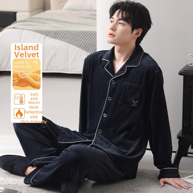 Férfiaknak szóló island velvet pizsama szett, kardigán-stílus, gallér, hosszú ujjú, otthoni viselet, 2025 tavaszi megjelenés