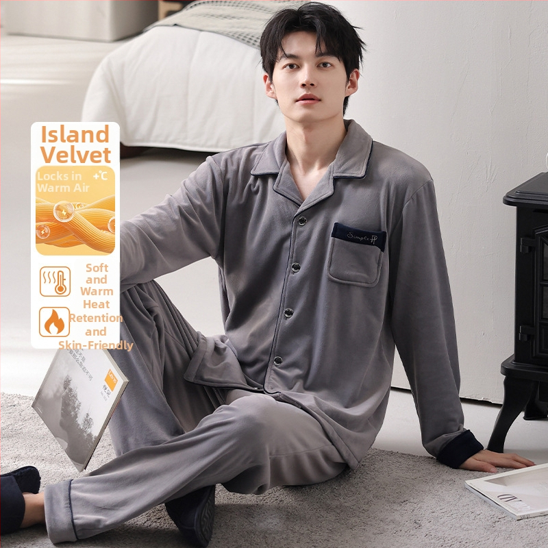 Férfiaknak szóló island velvet pizsama szett, kardigán-stílus, gallér, hosszú ujjú, otthoni viselet, 2025 tavaszi megjelenés