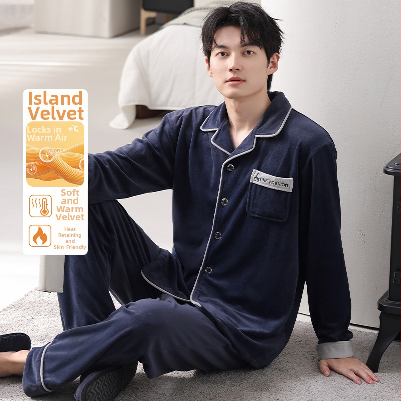Férfiaknak szóló island velvet pizsama szett, kardigán-stílus, gallér, hosszú ujjú, otthoni viselet, 2025 tavaszi megjelenés
