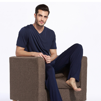 Férfi Modal otthoni ruházati garnitúra, V-nyakú, 3/4 ujjú, nadrág, lélegző és kényelmes
