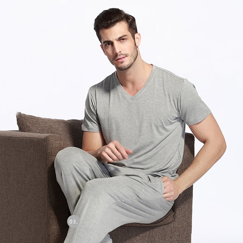 Férfi Modal otthoni ruházati garnitúra, V-nyakú, 3/4 ujjú, nadrág, lélegző és kényelmes
