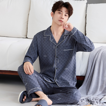 Комплект мъжки пижами от облачен памук, висок клас, двучленен, дълъг ръкав и дълги панталони, дишащ и удобен