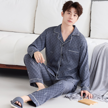 Комплект мъжки пижами от облачен памук, висок клас, двучленен, дълъг ръкав и дълги панталони, дишащ и удобен