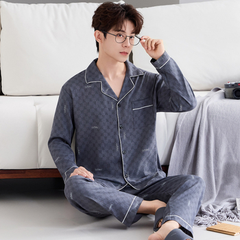 Комплект мъжки пижами от облачен памук, висок клас, двучленен, дълъг ръкав и дълги панталони, дишащ и удобен
