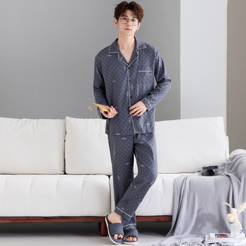 Комплект мъжки пижами от облачен памук, висок клас, двучленен, дълъг ръкав и дълги панталони, дишащ и удобен