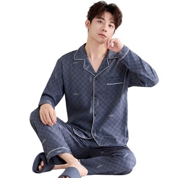Комплект мъжки пижами от облачен памук, висок клас, двучленен, дълъг ръкав и дълги панталони, дишащ и удобен