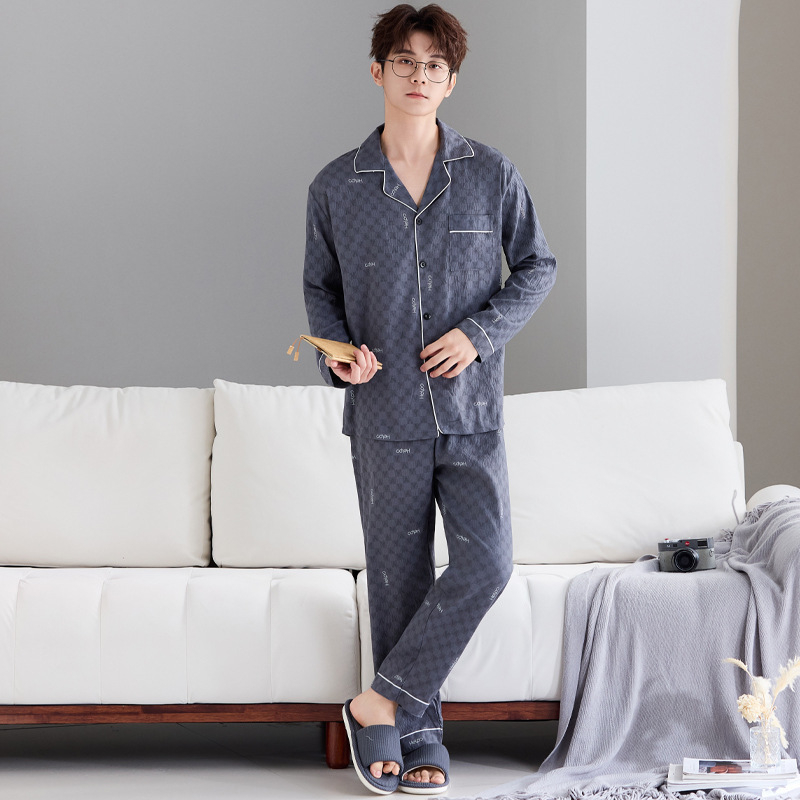 Комплект мъжки пижами от облачен памук, висок клас, двучленен, дълъг ръкав и дълги панталони, дишащ и удобен