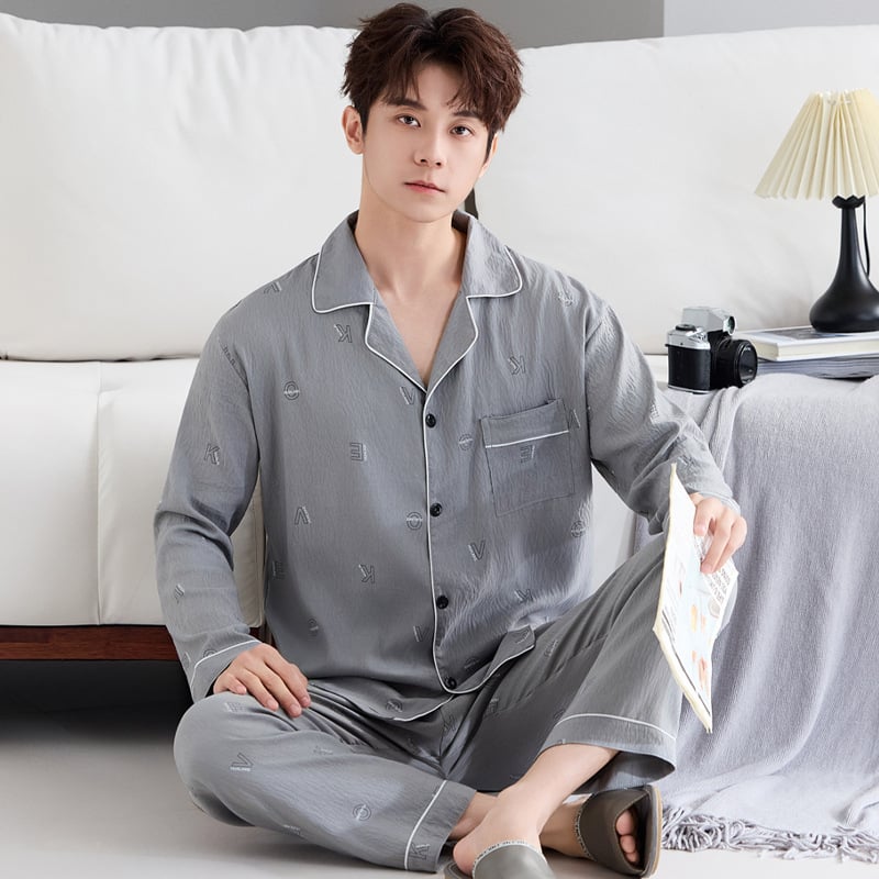 Комплект мъжки пижами от облачен памук, висок клас, двучленен, дълъг ръкав и дълги панталони, дишащ и удобен