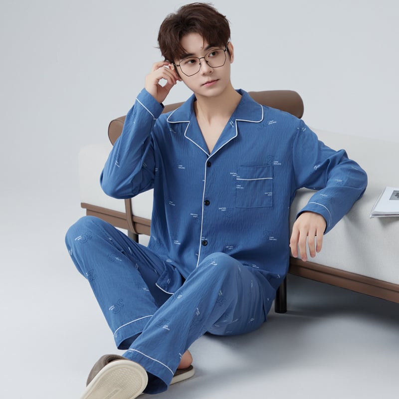 Комплект мъжки пижами от облачен памук, висок клас, двучленен, дълъг ръкав и дълги панталони, дишащ и удобен